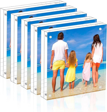 Meetu Acrylic 4x4 Picture Frame Clear Two Sided Desk Photo Frame Magnetic Frame Inner Size 3x3 with Gift Pack for Display Family Pictures Baby Photos Friends Pictures or Pet Dog Picture（5 Pack）