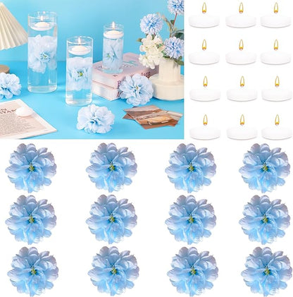 24 Pcs Floating Candles for Centerpieces and Floating Flowers Vase Fillers for Centerpieces Artificial Blue Flowers for Wedding Party Home Table Decoration