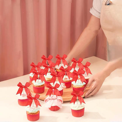24 PCS Bow Cupcake Toppers Bowknot Cake Toppers Bow Cupcake Picks Bowknot Birthday Party Decorations Bow Cake Dessert Picks for Wedding Bridal Engagement Baby Shower Birthday Party Supplies Red
