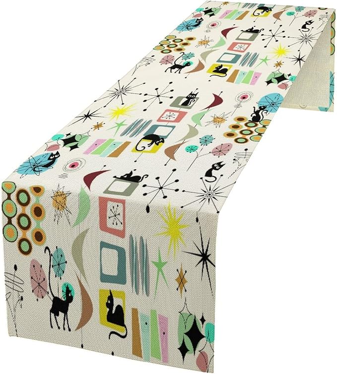 Colorful Geometric Table Runner,Vintage Mid Century Cute Cat Abstract Morden Print Tablecloth Burlap for Hotel Indoors Outdoor Dining Room Kitchen Home Decor, 13x36in