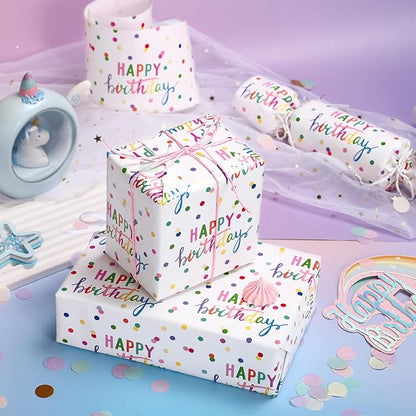 LeZakaa Birthday Wrapping Paper Roll, Happy Birthday Lettering & Colored Polka Dots Design in White for Holiday, Party, Baby Shower, 17 inches x 32.8 Feet (46.45 sq.ft.)