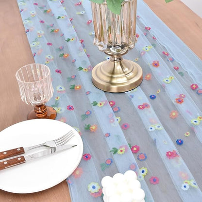 Joanlody Blue Embroidery Daisy Fall Thanksgiving Table Runner Florals Seasonal Tulle Table Runner Holiday Kitchen Dining Table Decoration Wedding Party