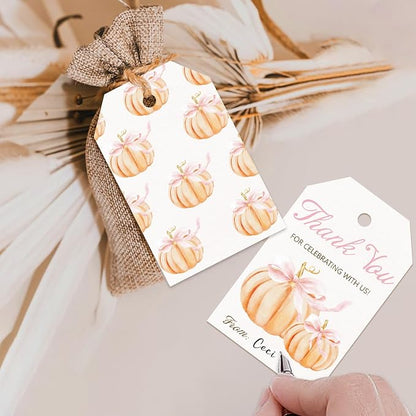 50pcs Little Pumpkin Thank You Tags, Pink Bow Fall Theme Favor Tags for Girl Coquette Baby Shower and Birthday Party Gift Wrapping Decoration (Pink Bow)