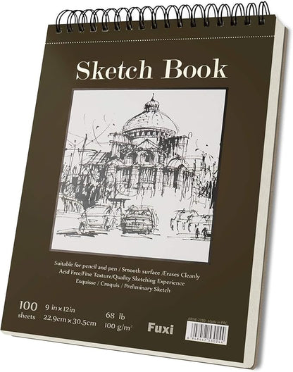 Fuxi 9" x 12" Sketch Book, Top Spiral Bound Sketch Pad, 100 Sheets 68lb/100gsm Acid-Free Drawing Paper, Art Sketchbook for Drawing Pad for Kids Artists & Beginners Professional Art Supplies for Adults