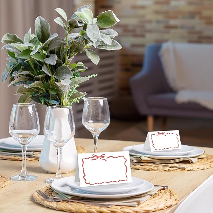 25 Pack Red Bow Wave Place Cards, Editable Name Cards for Table Setting, Tent Cards Food Label for Dinner Party, Bridal Shower, Wedding, Baby Shower and Events -T13