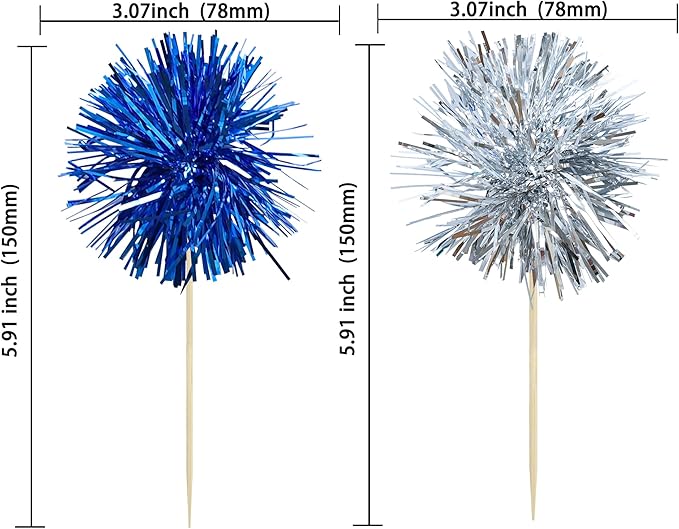 Ephlyn 30Pcs Foil Firework Cupcake Toppers Party Birthday Cake Toppers Supplies Sparkle Tinsel Cocktail Fruit Toothpick for Birthday Wedding Graduation Party Supplies Dark Blue Silver