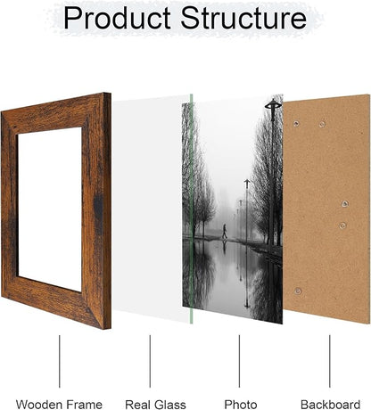 4x6 Picture Frame Set of 4, High Definition Glass 4 x 6 Frame, Wood Rustic Photo Frames for Horizontal or Vertical Display Tabletop and Wall Mounting