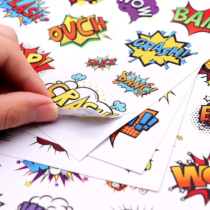 Cool Superhero Stickers 615 Count Boom Party Favors Goodie Gifts Bags Decor for Birthday Invitations Adhesive Stickers Decorations Cartoon Comic Style Stickers