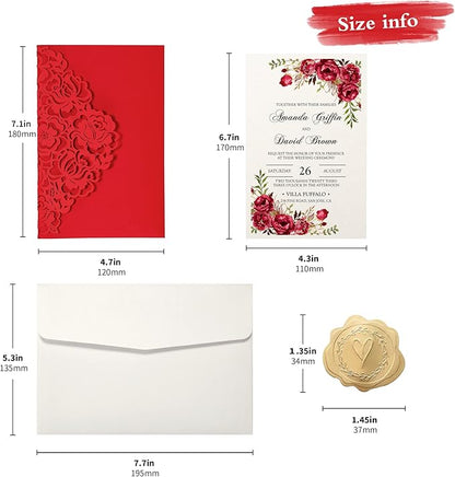 DORIS HOME 50pcs Laser Cut Wedding Invitations with Envelopes Red, 4.7x7.1 Personalized Invitation Cards for Wedding, Anniversary Invitations with Envelopes