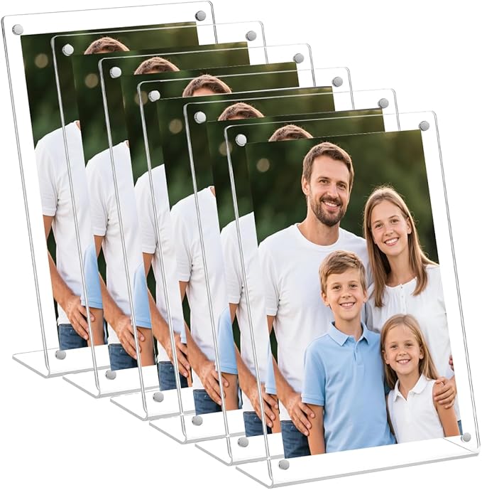 6 Pack Acrylic Picture Frame 4x6 inch, Magnetic Photo Frames, Clear Slanted Back Acrylic Frameless Transparent Frame for Desktop Display, Standing Photo Display Holder Gift for Home, Office