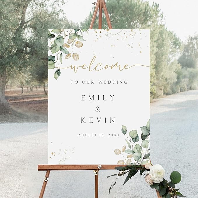 Welcome Wedding Sign Personalized, Greenery Eucalyptus Wedding Sign Decorations Signage 12" X 18" (Small), 27" (Medium), 36" (Large), Plastic, Modern, Pole Mount, Weather