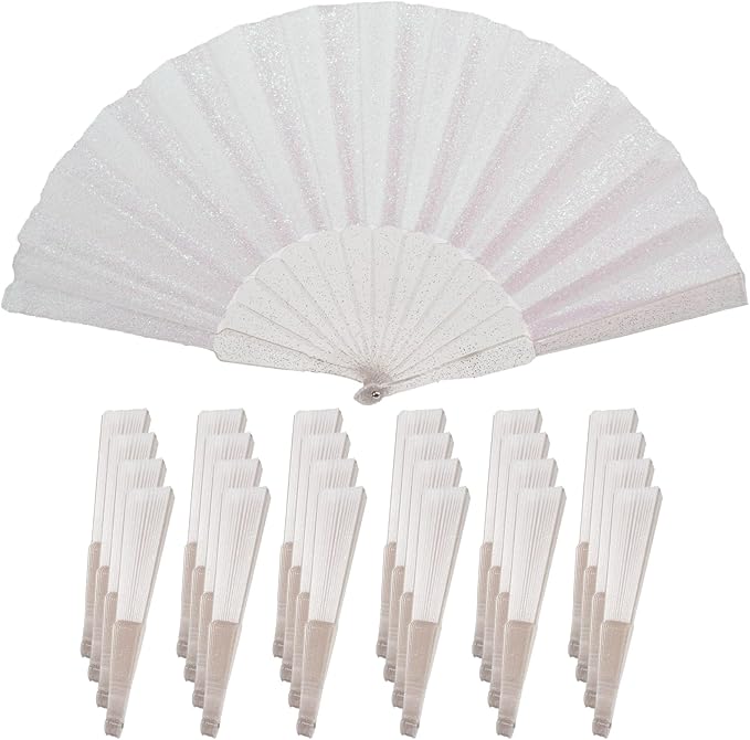 24 Pack Handheld Fan,Folding Hand Glitter fan with Shining Transparent Fan Rib – Ideal for Wedding, Church, Festival, Dance, Tea Party, Club, and EDM Accessories, White