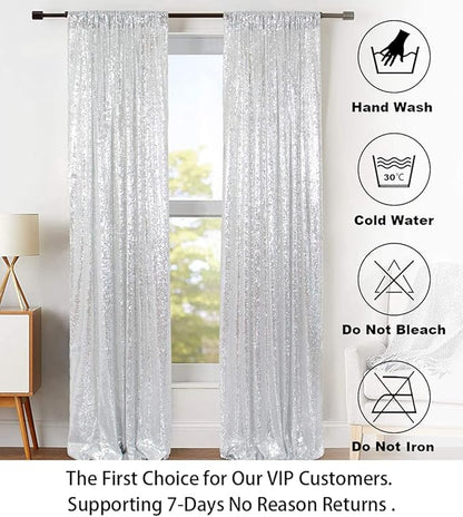 ShinyBeauty Silver Sequin Curtain 2Panels 5FTx10FT Glitter Wedding Backdrop for Photography - Shimmer Payette Fabric Background