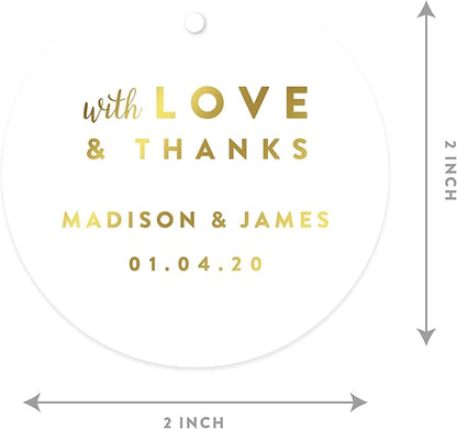 Andaz Press Personalized Round Circle Wedding Gift Tags, Metallic Gold Ink, with Love and Thanks, 24-Pack, Custom Made Any Name