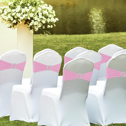 100PCS Spandex Stretch Chair Sashes Bows Universal Elastic Chair Cover Bands Ties with Buckle Slider for Wedding Party Birthday Reception Events Banquet Decoration(Pink)