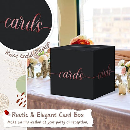 QIKSION Black Wedding Card Box, Rose Gold Foil Gift Card Box for Party, Wedding Reception, Graduation, Birthday, Baby Shower, Raffle