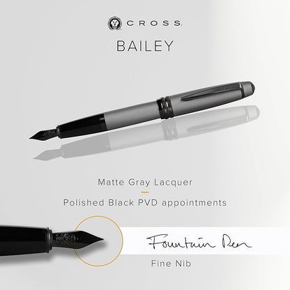 Cross Bailey Refillable Fountain Presented in a Premium Gift Box - Medium Point, Black Ink, Matte Gray