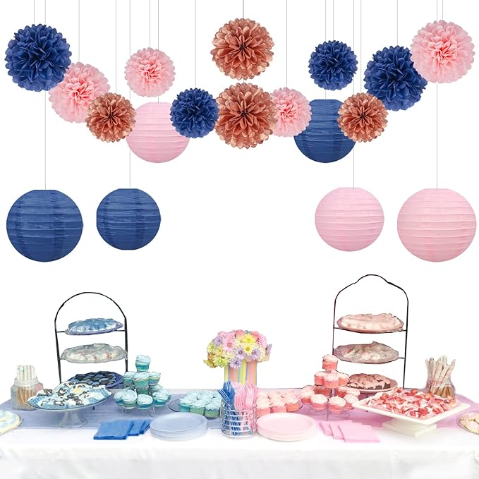 Rose-Gold Navy-Blue Pink Party Decorations - 18pcs Gender Reveal Decor,Tissue Pom Poms Event Supplies,Paper Flowers,Paper Lanterns,Baby Shower decoration,Birthday,Engagement,Bachelorette,Wedding