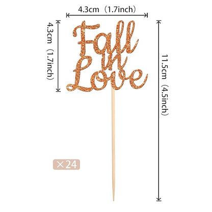 24 PCS Fall in Love Cupcake Toppers Glitter Fall Theme Bridal Shower Cupcake Picks for Autumn Wedding Engagement Anniversary Birthday Party Cake Decorations Supplies Orange