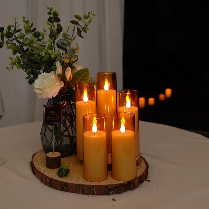 Amagic Flickering Flameless Candles, Battery Operated Candles, Amber Gold Acrylic LED Pillar Candles with Remote and Timer, 3D Wick, Yellow and Blue Glow, D2.2 xH5 5" 6" 7" 8", Set of 5