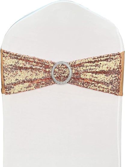 Chair Sashes Sequin Stretch Chair Bands Spandex Polyester Bows for Party Hotel Wedding Banquets Decoration - 6 Pcs Rose Gold