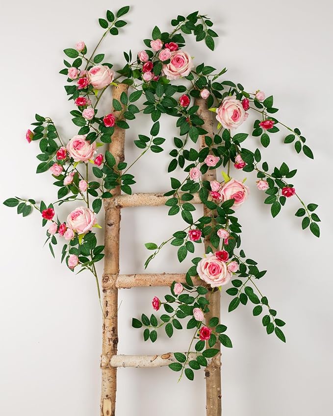 6FT Pink Flower Garland Artificial Rose Vines Hanging Floral Garland for Home Decor Wall Trellis Fence Wall Decoration (Pink, 1pcs)