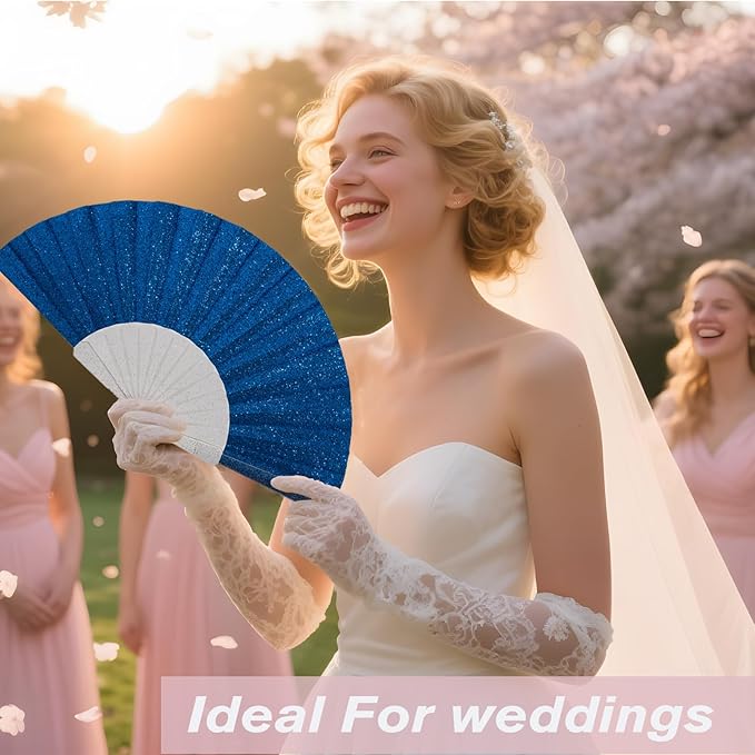 24 Pack Handheld Fan,Folding Hand Glitter fan with Shining Transparent Fan Rib – Ideal for Wedding, Church, Festival, Dance, Tea Party, Club, and EDM Accessories, Royal blue
