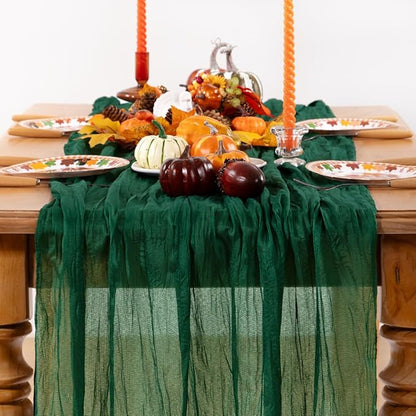 Emerald Green Cheesecloth Table Runner 6 Pack Fall Table Runners Boho Gauze 120 Inches Green Cheese Cloth Fall Table Decorations for Thanksgiving Wedding Bridal Baby Shower Tea Party