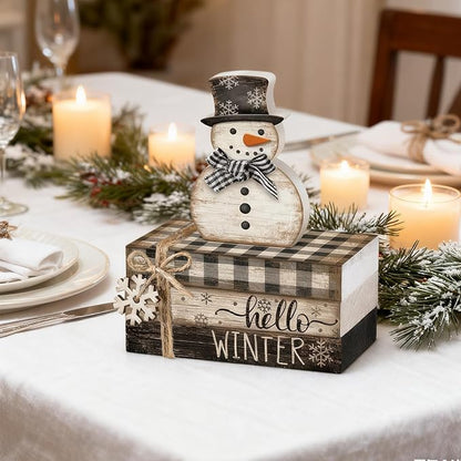 4 Pcs Snowman Christmas Decor Winter Table Decorations Christmas Tiered Tray Decor Winter Centerpiece Indoor Rustic Wooden Snowman Block Sign Gift Farmhouse for Home Kitchen Shelf
