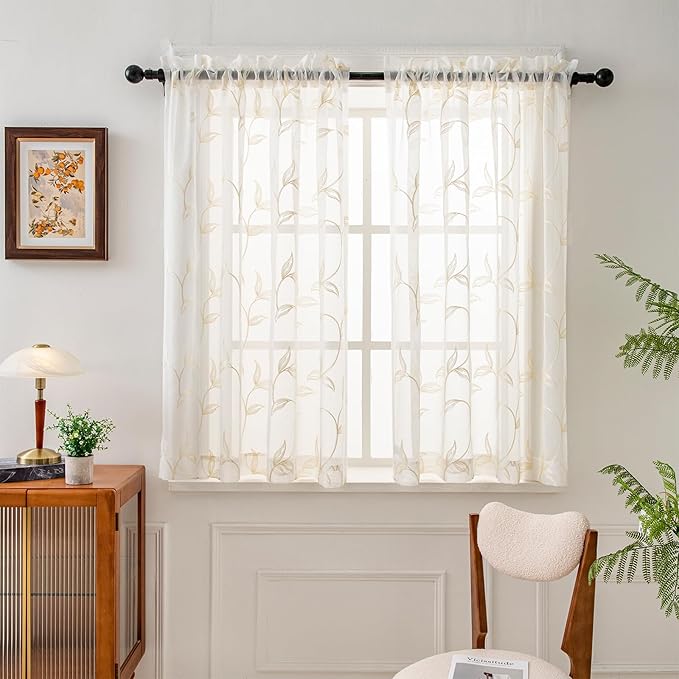 VISIONTEX Sheer Curtains 54 inch Length 2 Panels Set, White Voile Crushed Cream Vine Leaves Embroidery, Rod Pocket Embroidered Window Drapes for Living Room and Bedroom, 54" x 54"