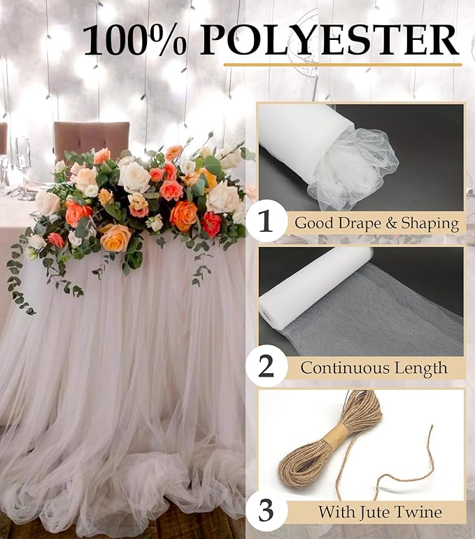 White Tulle Fabric Roll, 54" x 40 Yards (120FT) Tulle for Wedding Decoration Christmas Gift Wrapping DIY Tutu Party Backdrop Garden Baby Shower Table Skirts