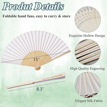 90 Set Personalized Cream Wedding Fans for Guests Bulk, Custom Engraved Summer Wedding Fans, Silk Hand Fans Handheld Folded Fan Baby Shower Favors for Bridal Bridesmaid Gift Church Dancing Party