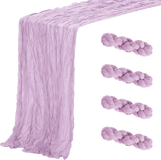 Aktor 4 Pack Lavender Table Runner Boho Cheesecloth Table Runner Semi Sheer Gauze Fabric Runners for Wedding Birthday Baby Shower Party Boho Table Decoration（Lavender）