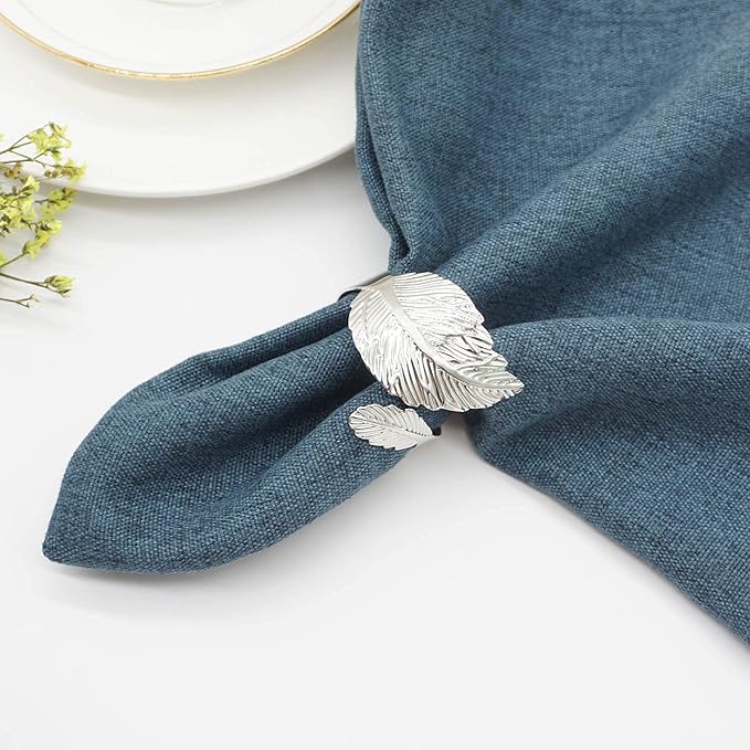 Silver Leaf Napkin Rings Set of 12, Leaves Napkin Rings for Table Setting, Metal Leaf Napkin Holder Rings for Holiday Party, Wedding, Banquet, Formal or Casual Dinning Table Decor (Silver)