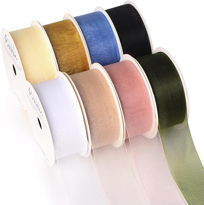 Ribbli 8 Rolls Organza Ribbon 1 Inches Total 80 Yard White Ivory Champagne Gold Rose Gold Dusty Blue Moss Black Sheer Ribbon for Gift Wrapping,Cookie Wrapping,Easter,Wedding Decoration