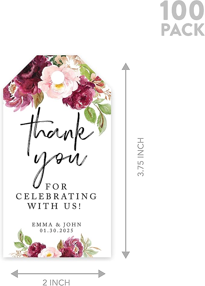 Andaz Press 100-Pack Personalized Thank You for Celebrating with Us Wedding Favor Tags with Bakers Twine Fall Burgundy Marsala Custom Thank You Tags Wedding Gift Tags for Party Favors 2 X 3.75-Inches
