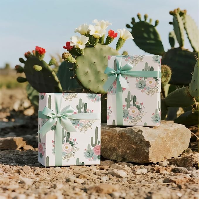 RUSPEPA Cactus Floral Wrapping Paper Roll, Mini Roll, Elegant Cacti and Roses Design, Soft Pink and Green Gift Wrap for Wedding, Birthdays, Baby Shower, Spring and Summer Party, 17 Inches x 16.4 Feet