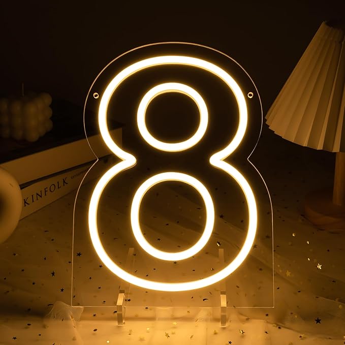 Number 8 LED Neon Sign Backdrop Birthday Party Decoration, 11.3" Height Warm White Marquee Number Eight Light Up Sign for Wedding Anniversary Window Wall Table, Indoor Battery Operated or USB