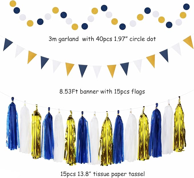 Navy-Blue White-Gold Graduation Party-Decorations - 33pcs Kits Banner, Streamers Tassel Garland,Tissue Pom Poms Honeycomb, Paper Lantern Fans,Wedding Birthday Baby Shower Backdrop Ceiling Decor Hugtmr
