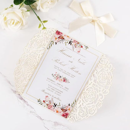 50pcs Gold Glitter Laser Cut Invitation Pockets Rose Personalized Blank Wedding Invitations with Envelopes and Rsvp Cards for Wedding Bridal Shower QuinceañEra Engagement Party Invite