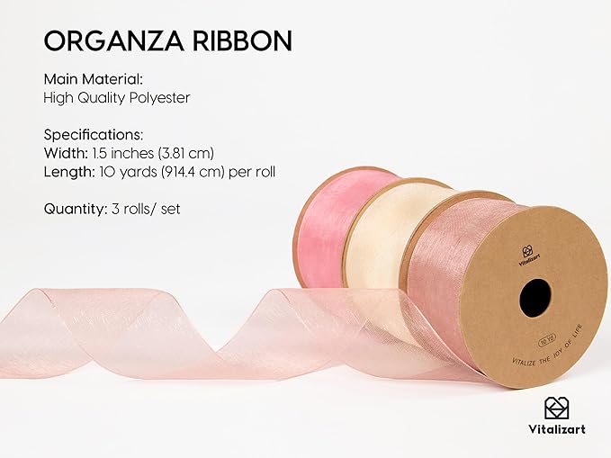 Vitalizart Organza Ribbon 1.5" x 30 Yd Pink Rose Gold & Cream White Sheer Ribbons for Gift Wrapping Crafts Christmas Wreaths Bows Party Decor Wedding Bouquet