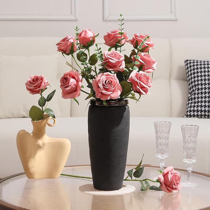 Tifuly Dusty Pink Roses Artificial Flowers -12 Pcs Long Stem Silk Roses, Realistic Fake Roses with Stems for Bridal Bouquets, Home and Office DIY Decor
