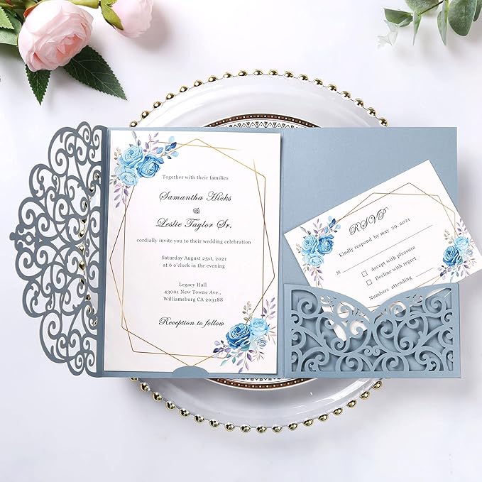 PONATIA 5.12 x 7.2 Dusty Blue Laser Cut Invitation Pocket, 20PCS Tri-Fold 5 x 7 Laser Cut Wedding Invitation Pockets with Envelopes for Wedding Bbay Shower Birthday Sweet 16 Invite (No Inner Sheet)
