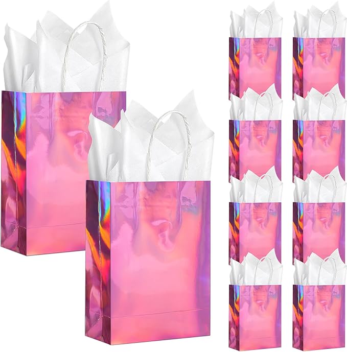 24 Pcs Iridescent Pink Gift Bags Decorations, Holographic Foil Party Favor Bags with Handles, Pink Paper Candy Goodie Bag with 24 Tissue Paper for Graduation Birthday Baby Shower Party Supplies