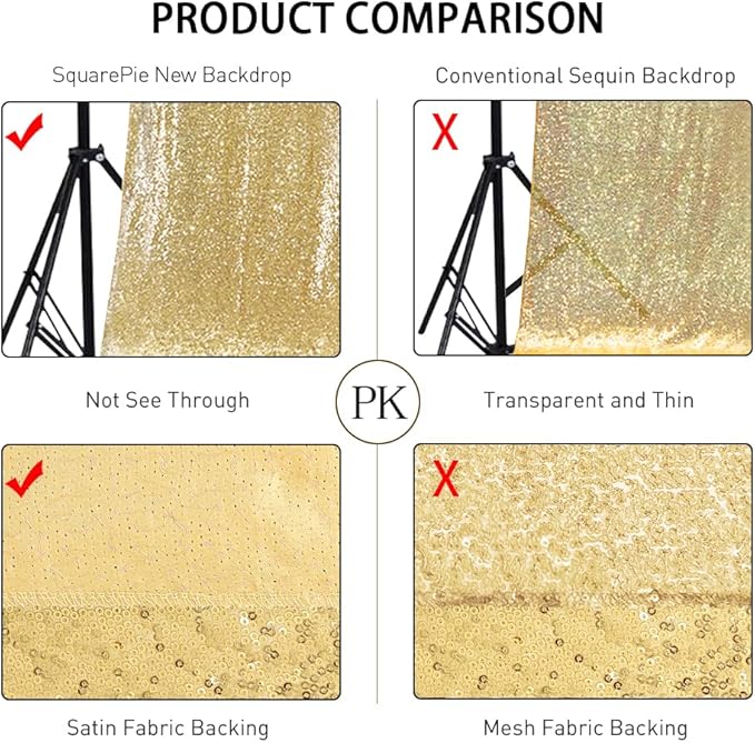 SquarePie Sequin Backdrop Less See Through Thick Background for Photography Glitter Curtain Party 10FT x 10FT Gold