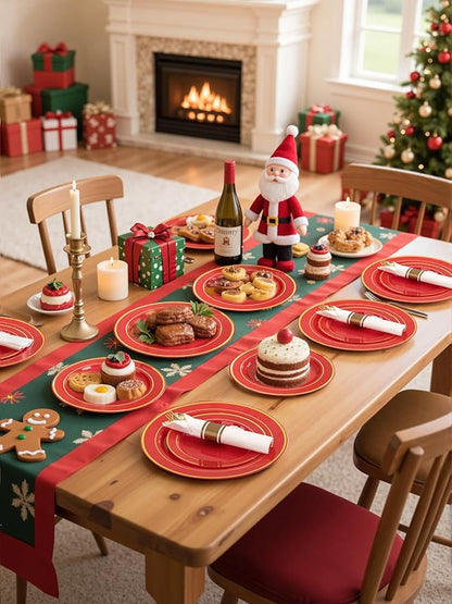 175 Pieces Christmas Plastic Plates - Red Plastic Plates with Gold Rim Include 25 Dinner Plate 10”, 25 Dessert Plate 7”, 25 gold Cups 9 OZ, 25 Pre Rolled Napkins for Christmas/Party