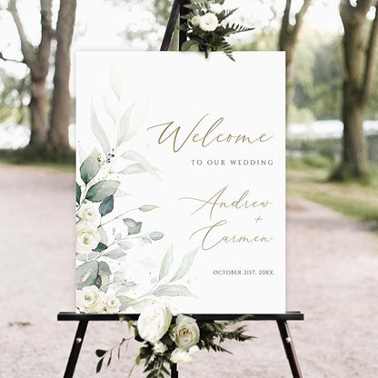 Personalized Wedding Welcome Sign, Greenery Floral Boho Wedding Sign Signage 12" X 18" (Small), 27" (Medium), 36" (Large), Plastic, Modern, Pole Mount, Weather