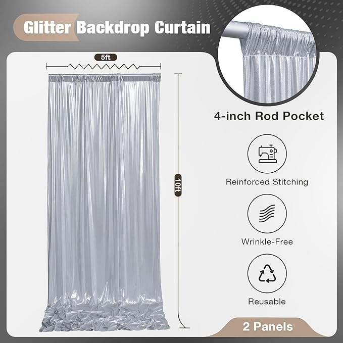 10x10FT Silver Sequin Backdrop - 2 Panels 5x10FT Wrinkle-Free Glitter Drapes for Weddings, Parties & Events
