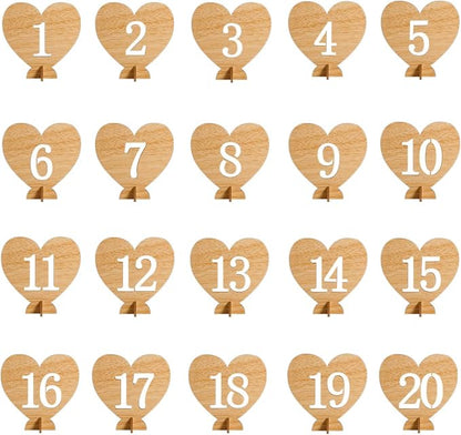 Heart Shape Wooden Table Numbers 1-20 With Holder Base - Rustic Hollow Out Wood Cards for Wedding, Party, Event Decoration