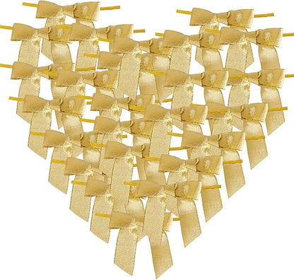50pcs 2-1/2" Metallic Gold Bows for Crafts Pretaied Christmas Bows for Decoration with Twist Ties Hot Cut Tails(W.Gold)